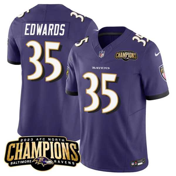 Men & Women & Youth Baltimore Ravens #35 Gus Edwards Purple 2023 F.U.S.E. AFC North Champions Vapor Limited Jersey